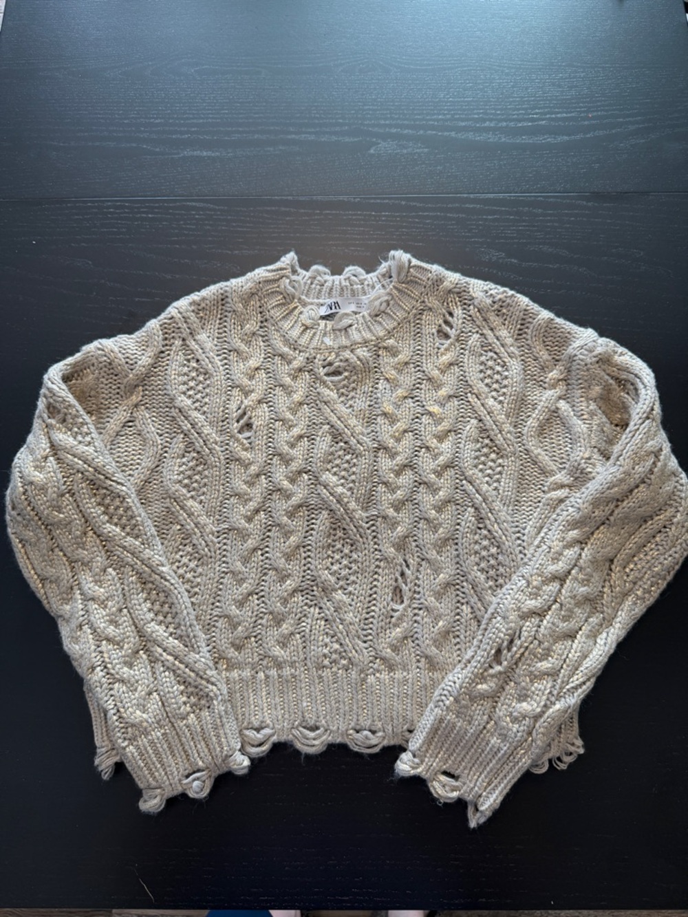 Zara Taupe Distressed Cable Knit Cropped Crewneck Sweater B1 - Picture 2 of 9
